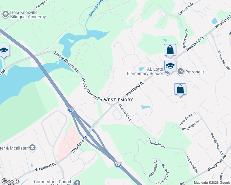 map of restaurants, bars, coffee shops, grocery stores, and more near 9401 Westland Crossing Way in Knoxville
