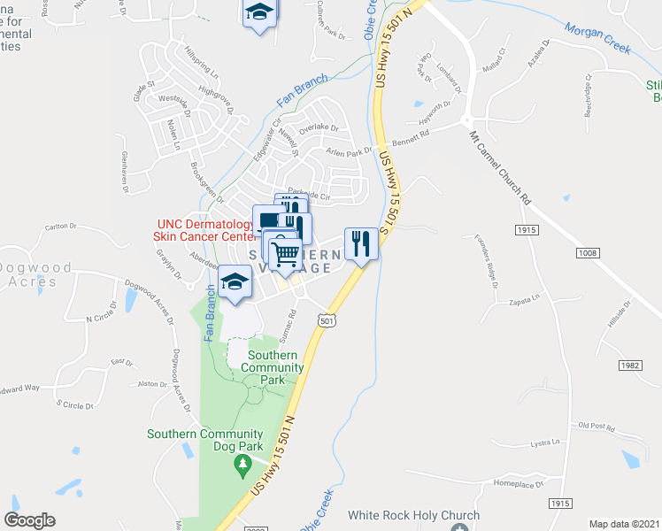 map of restaurants, bars, coffee shops, grocery stores, and more near 100 Copperline Drive in Chapel Hill