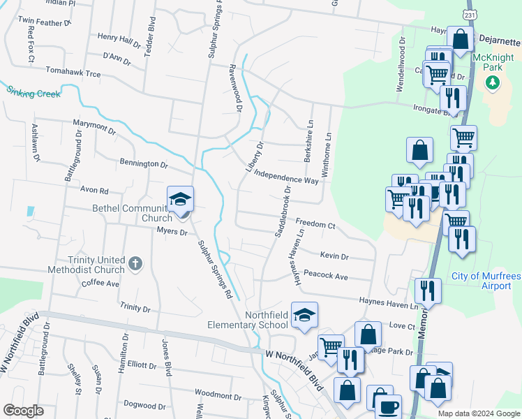 map of restaurants, bars, coffee shops, grocery stores, and more near 528 Freedom Court in Murfreesboro
