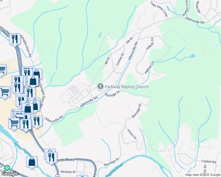 map of restaurants, bars, coffee shops, grocery stores, and more near 330 Conley Drive in Sevierville