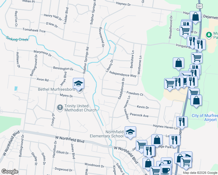 map of restaurants, bars, coffee shops, grocery stores, and more near 607 Concord Circle in Murfreesboro
