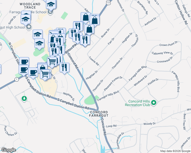 map of restaurants, bars, coffee shops, grocery stores, and more near 11152 Hughlan Drive in Knoxville