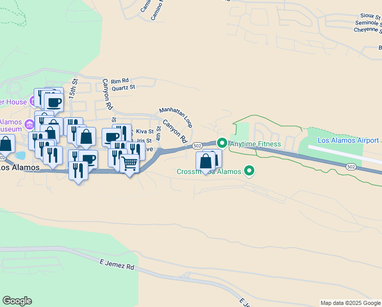 map of restaurants, bars, coffee shops, grocery stores, and more near 10 Arroyo Lane in Los Alamos
