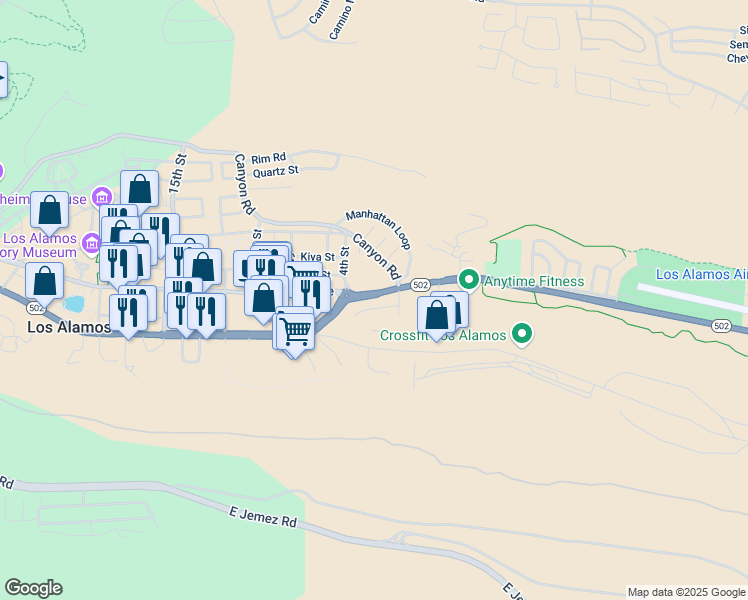 map of restaurants, bars, coffee shops, grocery stores, and more near 1100 Central Avenue in Los Alamos