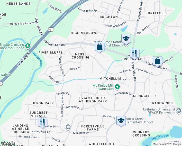 map of restaurants, bars, coffee shops, grocery stores, and more near 3521 Pinkham Way in Raleigh