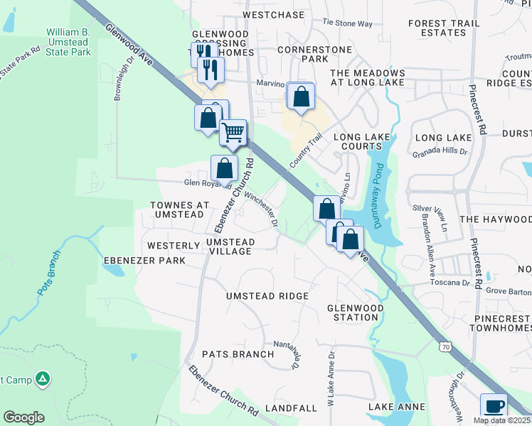 map of restaurants, bars, coffee shops, grocery stores, and more near 8541a Glenwood Avenue in Raleigh