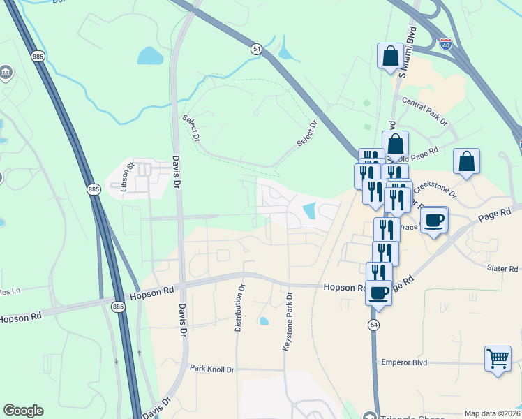 map of restaurants, bars, coffee shops, grocery stores, and more near 5427 Talley Street in Durham