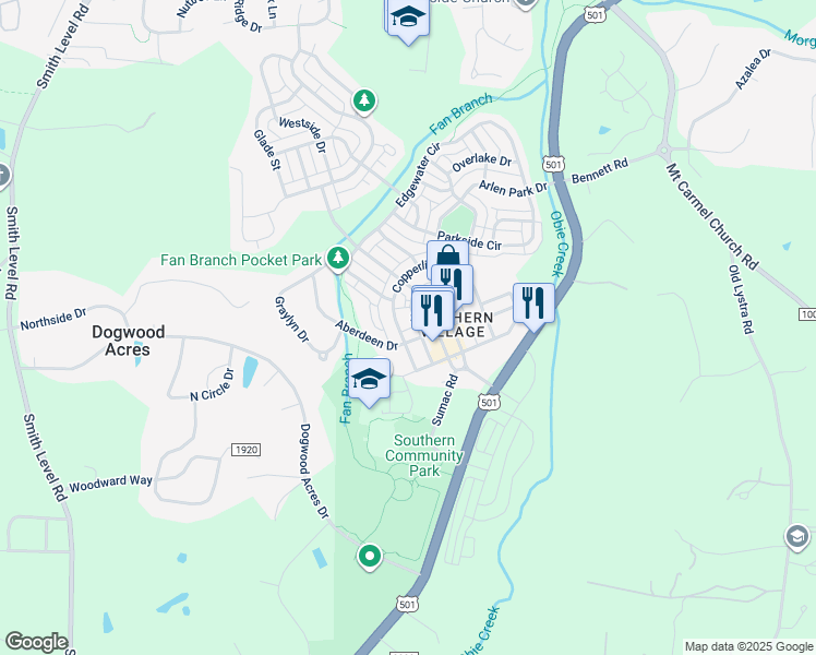 map of restaurants, bars, coffee shops, grocery stores, and more near 600 Copperline Drive in Chapel Hill