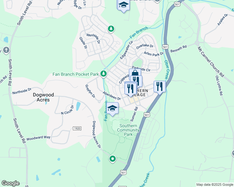 map of restaurants, bars, coffee shops, grocery stores, and more near 600 Copperline Drive in Chapel Hill