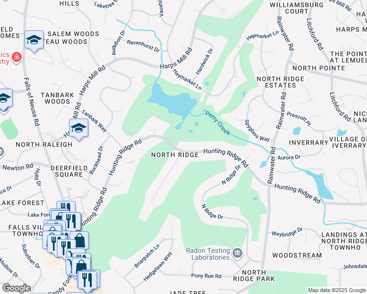 map of restaurants, bars, coffee shops, grocery stores, and more near 1601 Hunting Ridge Road in Raleigh