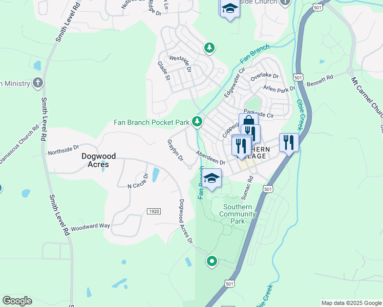 map of restaurants, bars, coffee shops, grocery stores, and more near 609 Aberdeen Drive in Chapel Hill