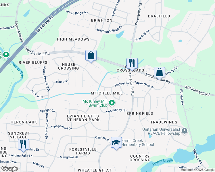 map of restaurants, bars, coffee shops, grocery stores, and more near 4005 Hopper Street in Raleigh