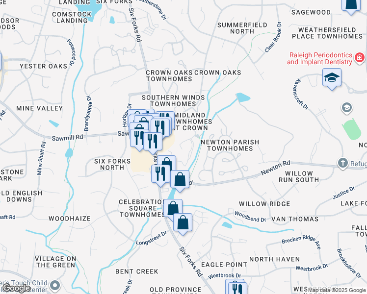 map of restaurants, bars, coffee shops, grocery stores, and more near 7327 Sandy Creek Drive in Raleigh