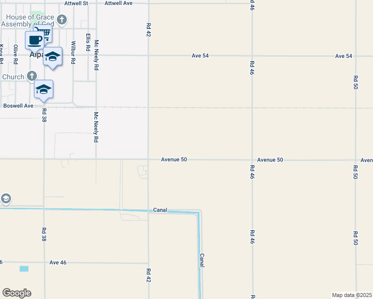 map of restaurants, bars, coffee shops, grocery stores, and more near 4306 Avenue 50 in Alpaugh