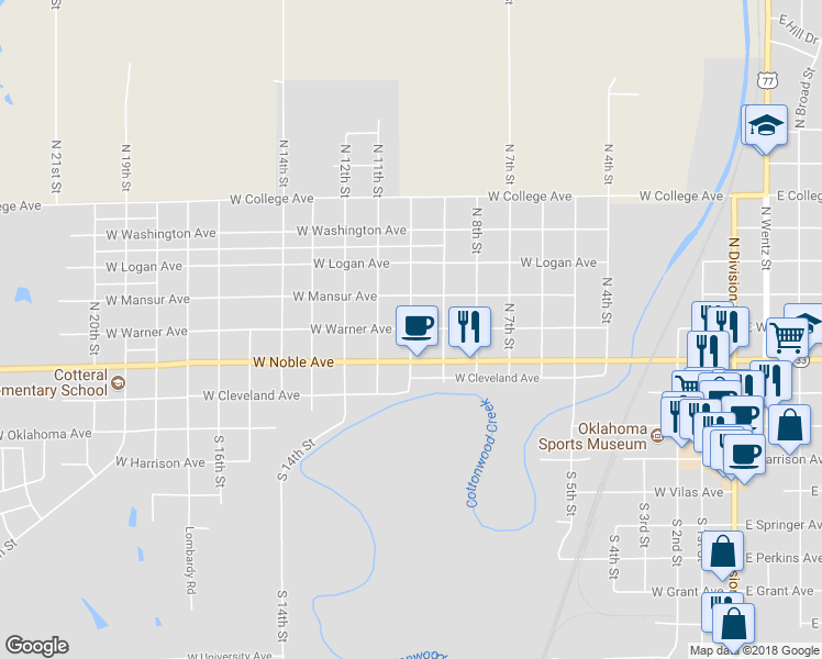 map of restaurants, bars, coffee shops, grocery stores, and more near 398 North 10th Street in Guthrie