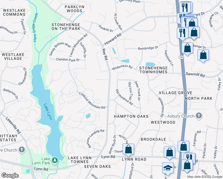 map of restaurants, bars, coffee shops, grocery stores, and more near 7501 Ray Road in Raleigh