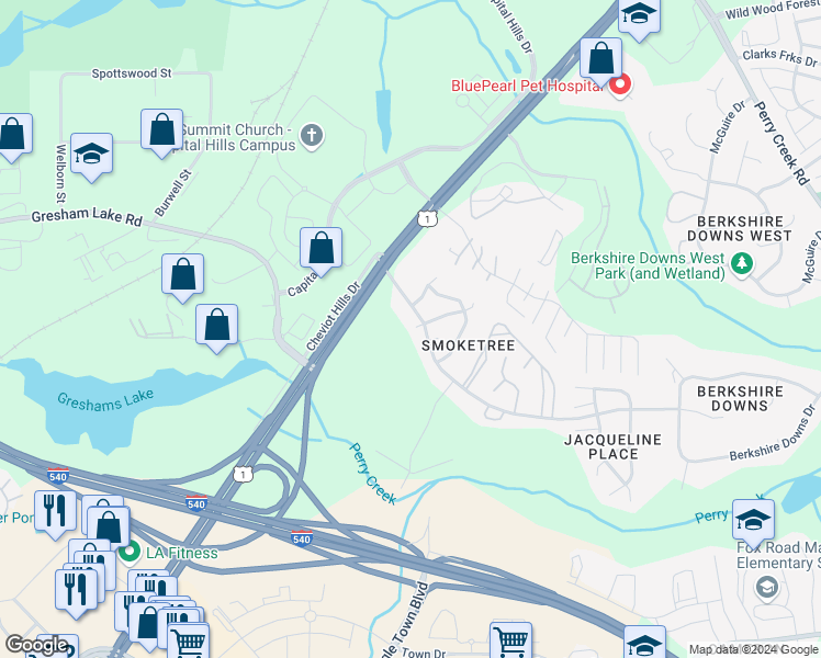 map of restaurants, bars, coffee shops, grocery stores, and more near 7201 South Thorncliff Drive in Raleigh