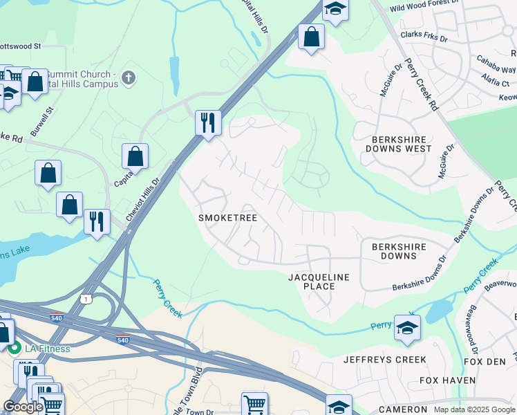 map of restaurants, bars, coffee shops, grocery stores, and more near 4701 Draper Road in Raleigh