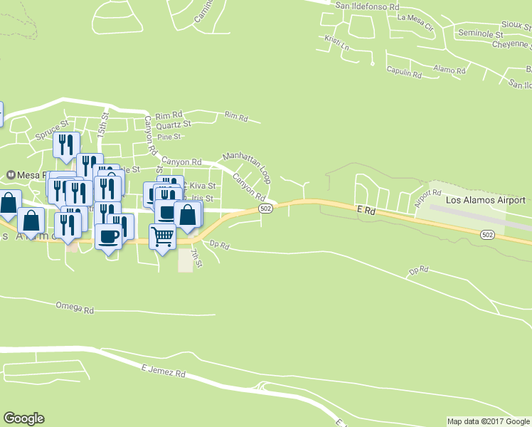 map of restaurants, bars, coffee shops, grocery stores, and more near 10 Arroyo Lane in Los Alamos