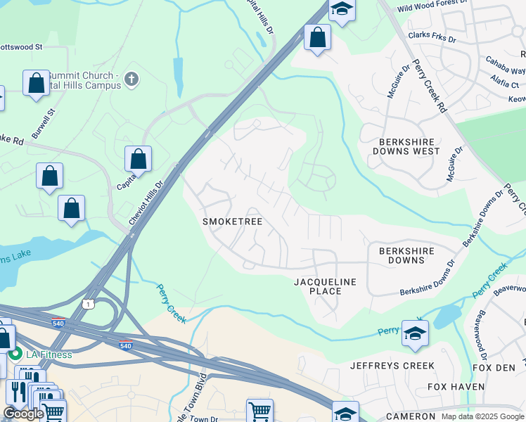 map of restaurants, bars, coffee shops, grocery stores, and more near 4701 Draper Road in Raleigh