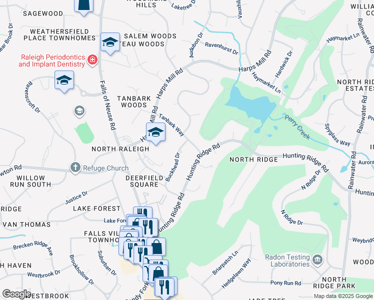 map of restaurants, bars, coffee shops, grocery stores, and more near 7008 Buckhead Drive in Raleigh