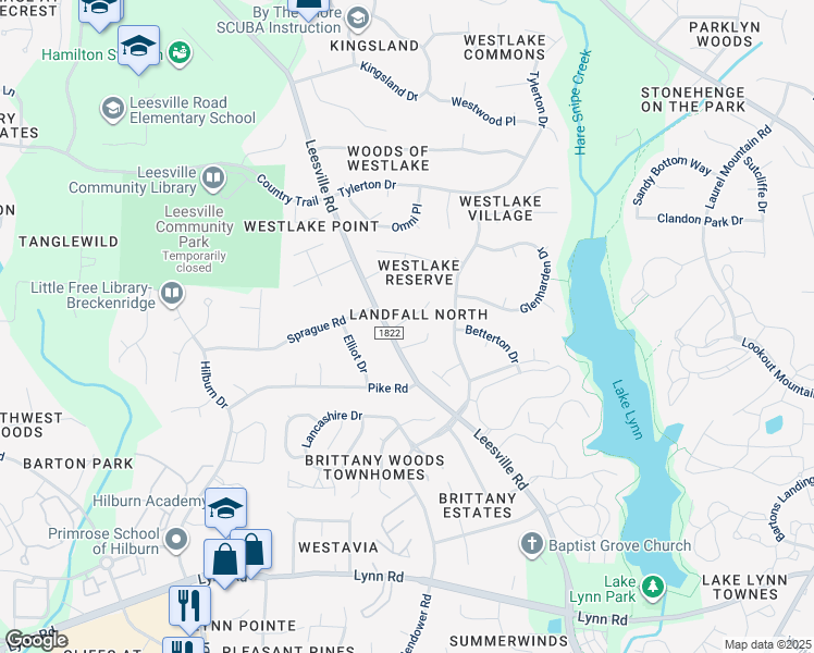 map of restaurants, bars, coffee shops, grocery stores, and more near 4121 Starboard Court in Raleigh