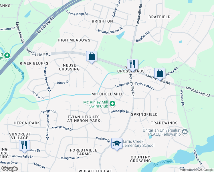 map of restaurants, bars, coffee shops, grocery stores, and more near 4001 Hopper Street in Raleigh