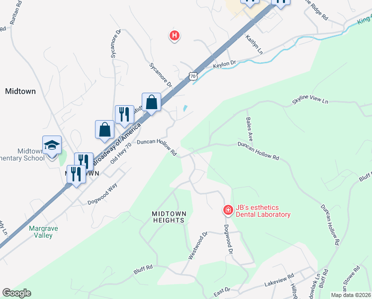 map of restaurants, bars, coffee shops, grocery stores, and more near 239 Duncan Hollow Road in Harriman
