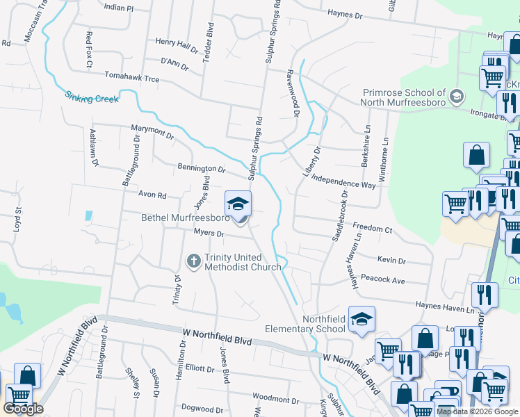 map of restaurants, bars, coffee shops, grocery stores, and more near 810 Corner Court in Murfreesboro