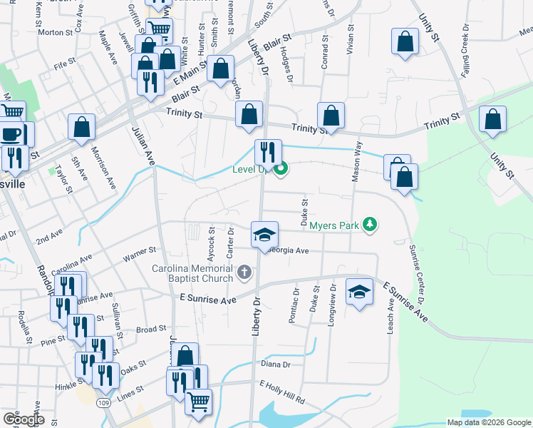 map of restaurants, bars, coffee shops, grocery stores, and more near 209 Liberty Drive in Thomasville