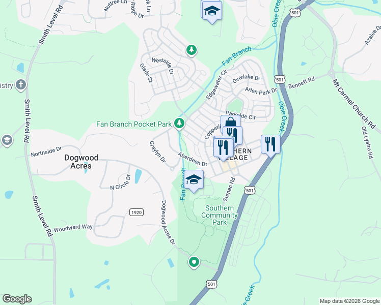 map of restaurants, bars, coffee shops, grocery stores, and more near 600 Aberdeen Drive in Chapel Hill