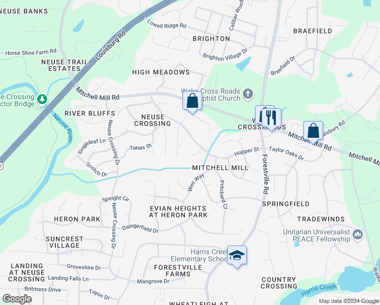 map of restaurants, bars, coffee shops, grocery stores, and more near 3609 Croydon Mill Way in Raleigh