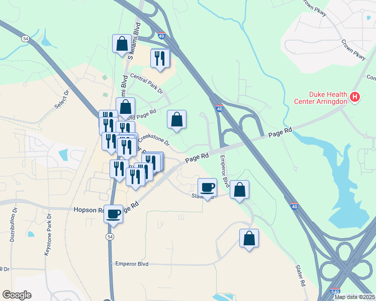 map of restaurants, bars, coffee shops, grocery stores, and more near 4825 Creekstone Drive in Durham
