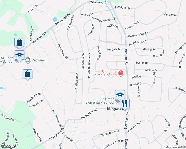 map of restaurants, bars, coffee shops, grocery stores, and more near 1401 Wenlock Road in Knoxville