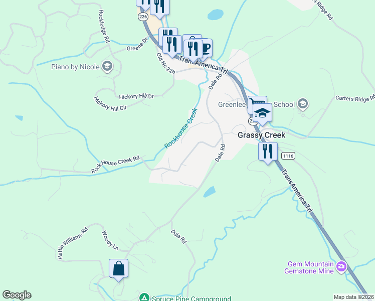 map of restaurants, bars, coffee shops, grocery stores, and more near 188 Rock House Creek Road in Spruce Pine