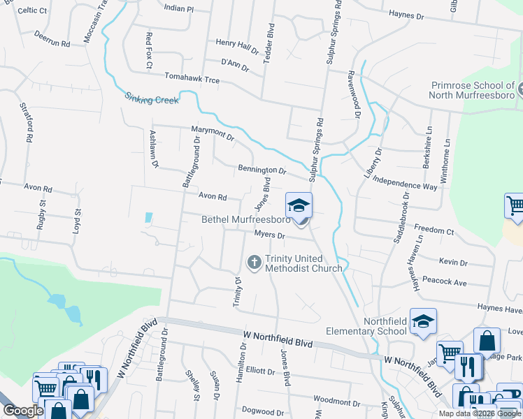 map of restaurants, bars, coffee shops, grocery stores, and more near 2425 Jones Boulevard in Murfreesboro