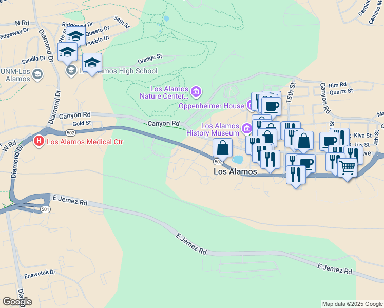 map of restaurants, bars, coffee shops, grocery stores, and more near in Los Alamos