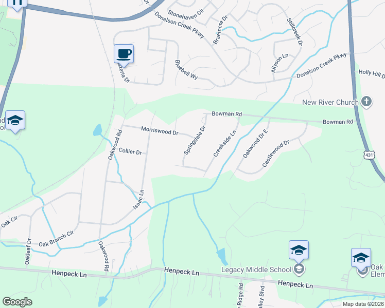 map of restaurants, bars, coffee shops, grocery stores, and more near 2212 Springdale Drive in Franklin
