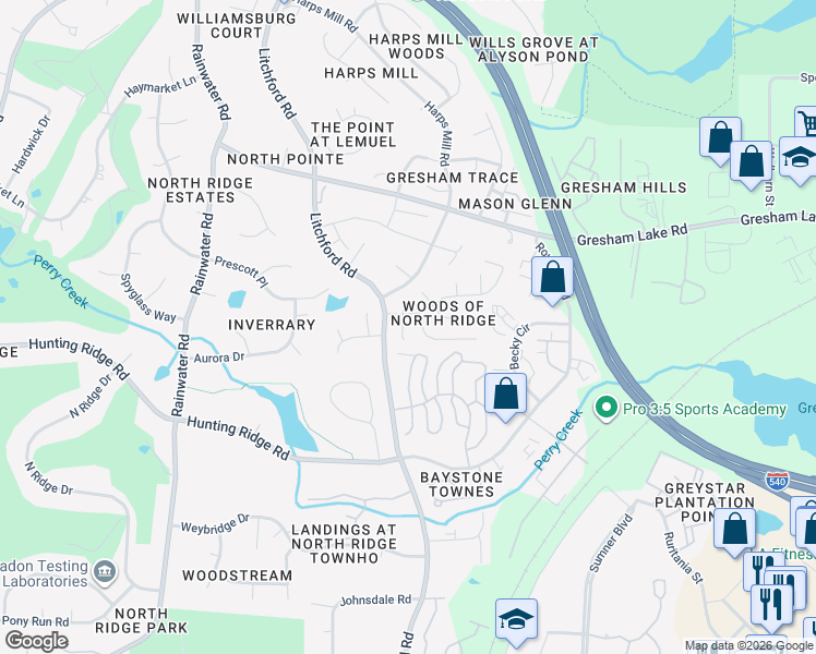 map of restaurants, bars, coffee shops, grocery stores, and more near 7320 Massachusetts Court in Raleigh