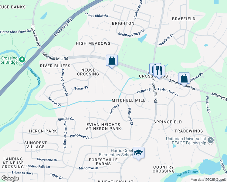 map of restaurants, bars, coffee shops, grocery stores, and more near 3617 Croydon Mill Way in Raleigh