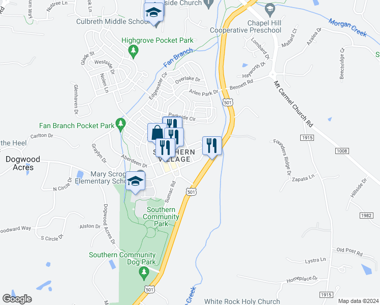 map of restaurants, bars, coffee shops, grocery stores, and more near 203 Copperline Drive in Chapel Hill