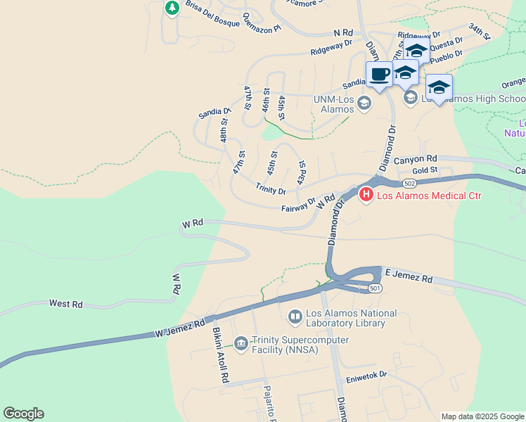 map of restaurants, bars, coffee shops, grocery stores, and more near 4469 Fairway Drive in Los Alamos
