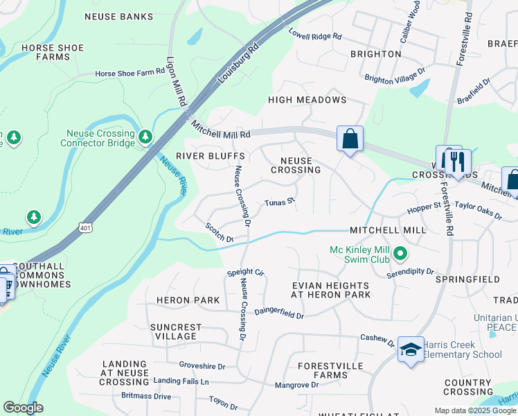 map of restaurants, bars, coffee shops, grocery stores, and more near 3509 Tunas Street in Raleigh