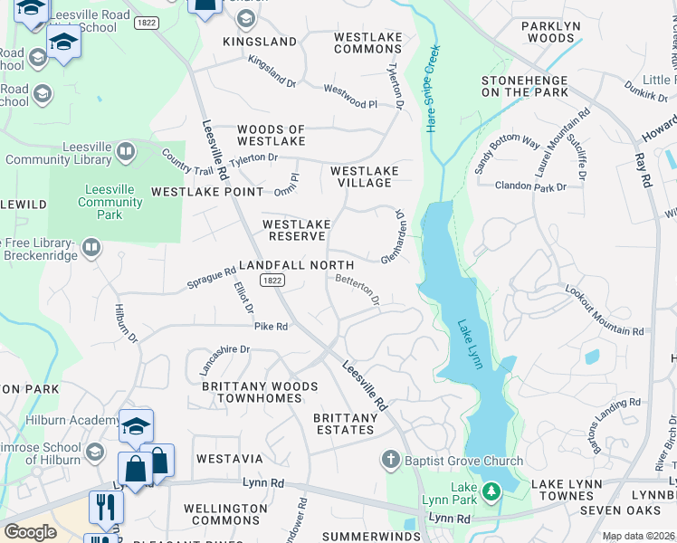 map of restaurants, bars, coffee shops, grocery stores, and more near 4132 Betterton Drive in Raleigh