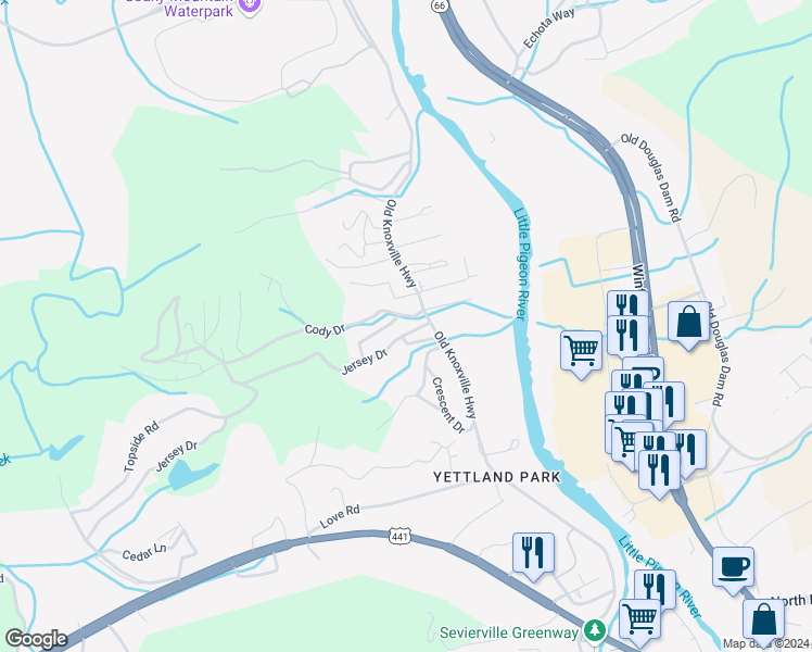 map of restaurants, bars, coffee shops, grocery stores, and more near 903 Old Knoxville Highway in Sevierville