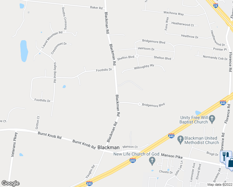 map of restaurants, bars, coffee shops, grocery stores, and more near 2837 Blackman Road in Murfreesboro