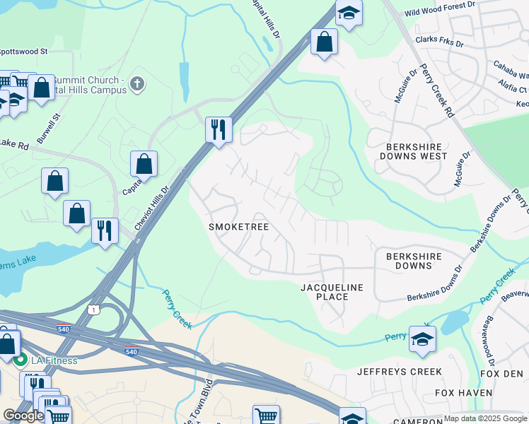 map of restaurants, bars, coffee shops, grocery stores, and more near 4641 Draper Road in Raleigh