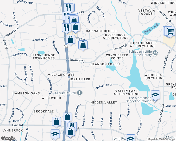 map of restaurants, bars, coffee shops, grocery stores, and more near 4565 Springmoor Court in Raleigh