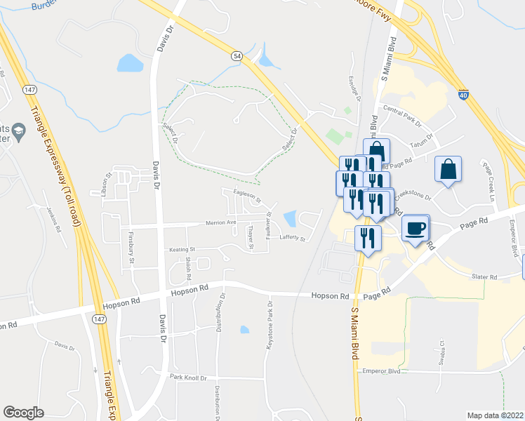 map of restaurants, bars, coffee shops, grocery stores, and more near 7 Rambler Lane in Morrisville