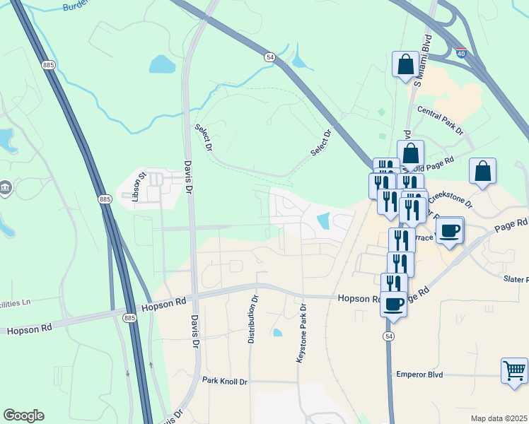 map of restaurants, bars, coffee shops, grocery stores, and more near 5428 Talley Street in Morrisville